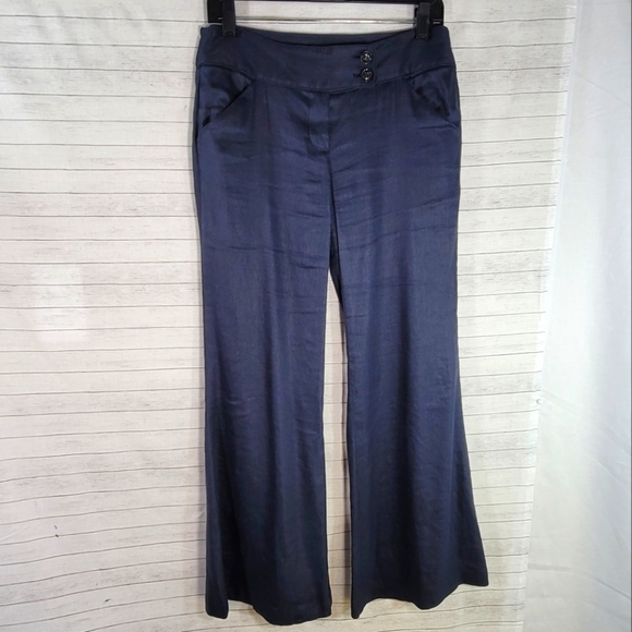DIANE VON FURSTENBERG LINEN BLEND FLARE NAVY PANTS, SZ 6 - Picture 1 of 15